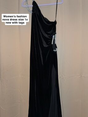 Fashion Nova Black One-Shoulder Evening Gown with Rhinestone Accents